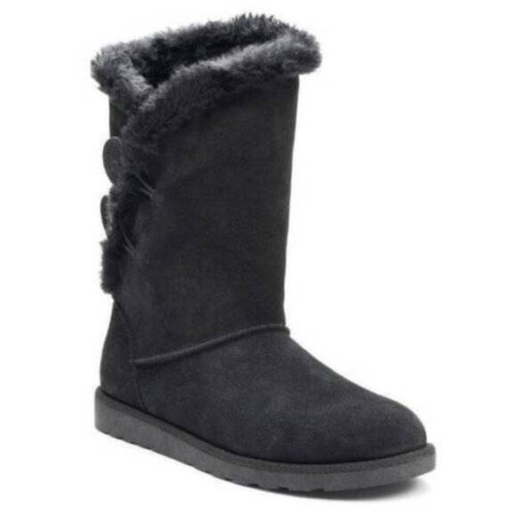 Womens Winter Boots SO Black 7 Mid Calf Pull On Plush Suede Button Fx Fur Trim - Picture 2 of 11